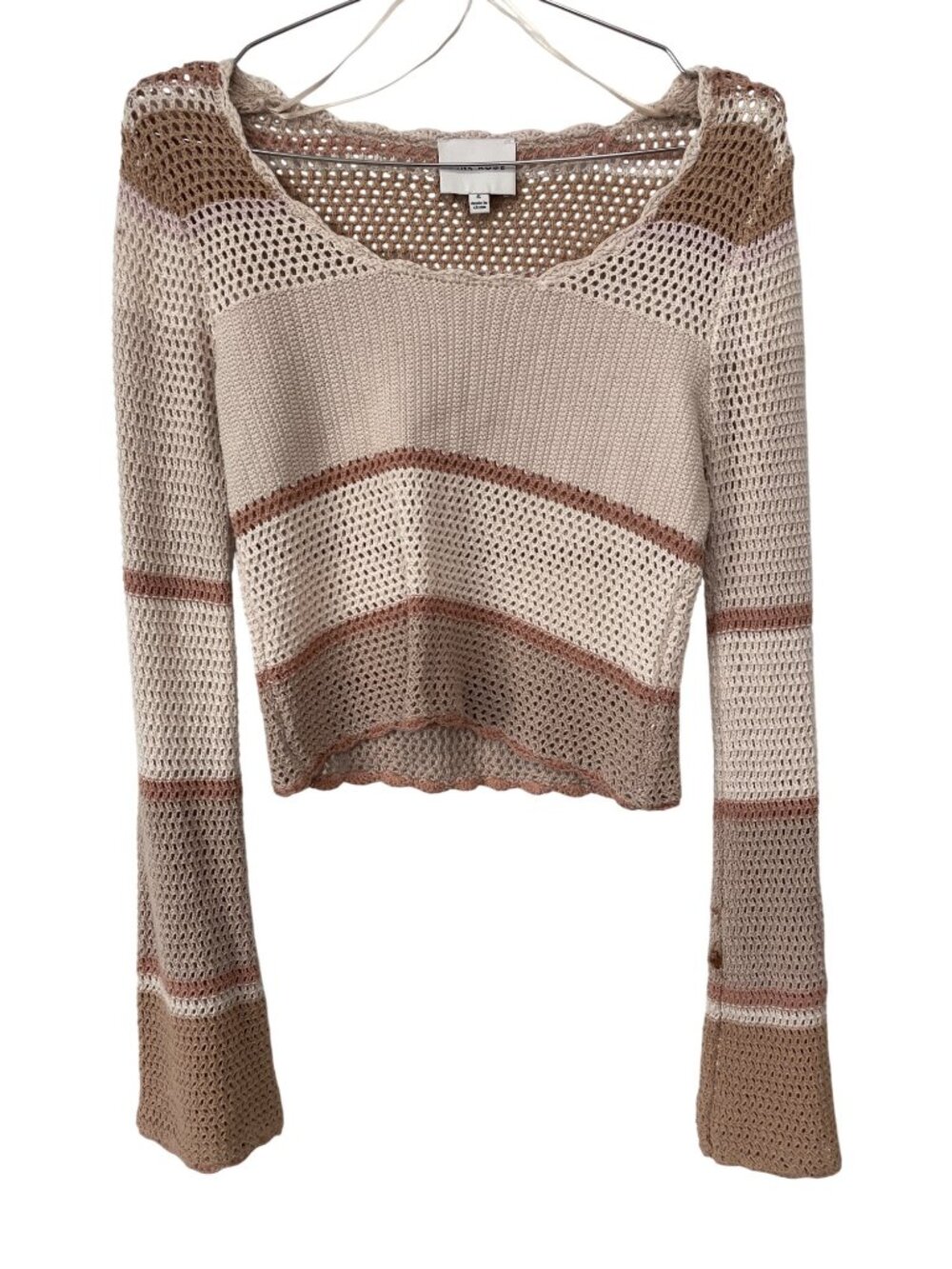 Pink Rose Crop Top Small Neutral Striped Long Sleeve Crochet Knit Sweater Boho